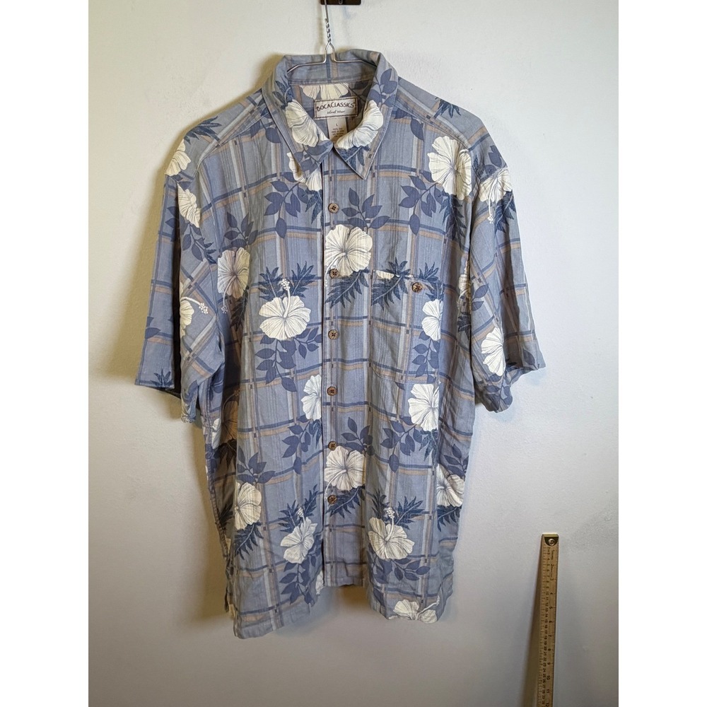 Boca Classics Mens Button Down Shirt 100% Silk Hibiscus Blue L
